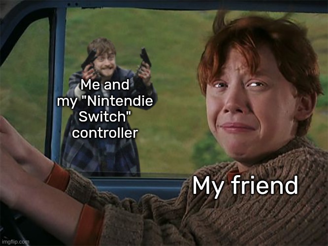 Harry with guns, scared Ron | Me and my "Nintendie Switch" controller; My friend | image tagged in harry with guns scared ron,memes | made w/ Imgflip meme maker