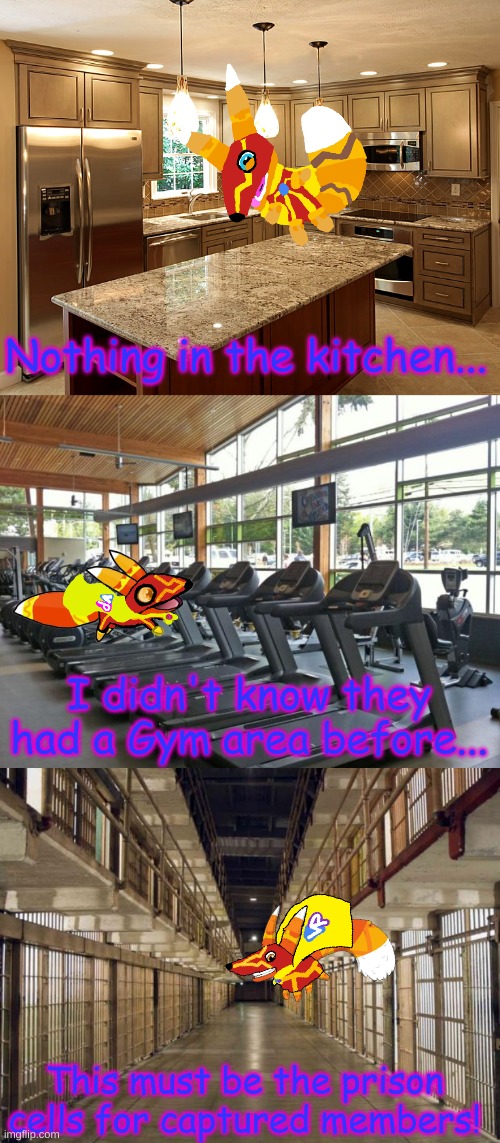 Nothing in the kitchen... I didn't know they had a Gym area before... This must be the prison cells for captured members! | image tagged in kitchen,gym,prison | made w/ Imgflip meme maker