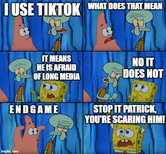 L O N G | I USE TIKTOK; WHAT DOES THAT MEAN; NO IT DOES NOT; IT MEANS HE IS AFRAID OF LONG MEDIA; E N D G A M E; STOP IT PATRICK, YOU'RE SCARING HIM! | image tagged in stop it patrick you're scaring him | made w/ Imgflip meme maker