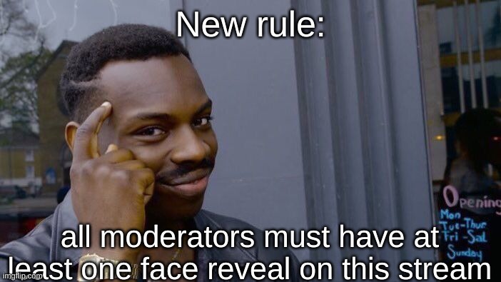 Roll Safe Think About It Meme | New rule:; all moderators must have at least one face reveal on this stream | image tagged in memes,roll safe think about it | made w/ Imgflip meme maker