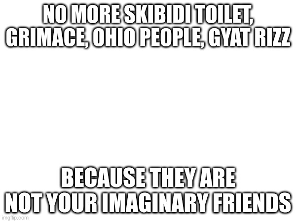 NO MORE SKIBIDI TOILET, GRIMACE, OHIO PEOPLE, GYAT RIZZ; BECAUSE THEY ARE NOT YOUR IMAGINARY FRIENDS | image tagged in skibidi toilet,ohio,grimace,gyatt | made w/ Imgflip meme maker