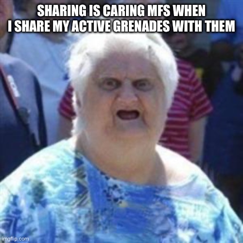 ShArInG iS cArInG!! | SHARING IS CARING MFS WHEN I SHARE MY ACTIVE GRENADES WITH THEM | image tagged in wat lady | made w/ Imgflip meme maker