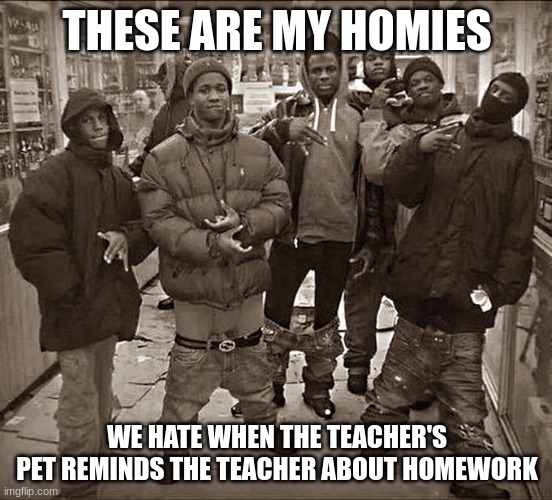 All My Homies Hate | THESE ARE MY HOMIES; WE HATE WHEN THE TEACHER'S PET REMINDS THE TEACHER ABOUT HOMEWORK | image tagged in all my homies hate | made w/ Imgflip meme maker