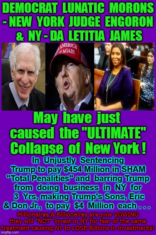 BABY - BYE BYE BYE !  To Investors . . . | DEMOCRAT  LUNATIC  MORONS - NEW  YORK  JUDGE  ENGORON  &  NY - DA  LETITIA  JAMES; May  have  just  caused  the "ULTIMATE" Collapse  of  New York ! In  Unjustly  Sentencing Trump to pay $454 Million in SHAM "Total Penalities" and  barring Trump from  doing  business  in  NY  for  3  Yrs, making Trump's Sons, Eric & Don Jr.,  to pay  $4  Million  each . . . Millionaires & Billionaires are now VOWING they will "NOT" invest in NY for fear of the same treatment causing NY to LOSE Billions in investments! | image tagged in special kind of stupid,stupid liberals,morons,new york,losers,downfall | made w/ Imgflip meme maker