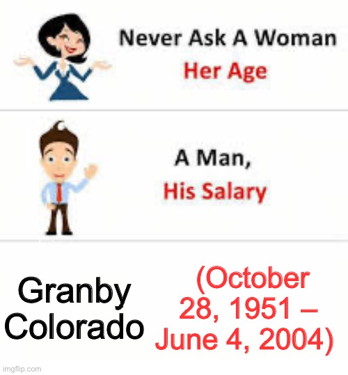 Never ask a woman her age | Granby Colorado; (October 28, 1951 – June 4, 2004) | image tagged in never ask a woman her age | made w/ Imgflip meme maker