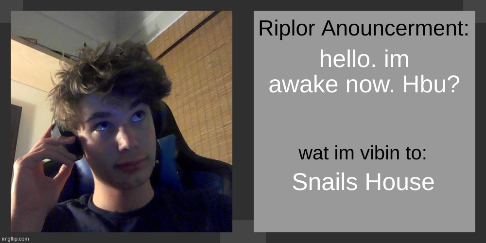 hello. im awake now. Hbu? Snails House | image tagged in riplos announcement temp ver 3 1 | made w/ Imgflip meme maker
