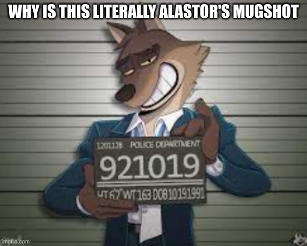 Think about it | WHY IS THIS LITERALLY ALASTOR'S MUGSHOT | image tagged in alastor hazbin hotel,mugshot | made w/ Imgflip meme maker