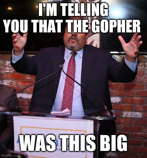Big gopher | I'M TELLING YOU THAT THE GOPHER; WAS THIS BIG | image tagged in bragg lies like he's fishing,funny meme | made w/ Imgflip meme maker