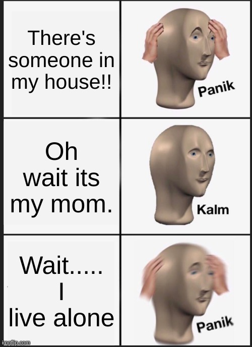 Panik Kalm Panik | There's someone in my house!! Oh wait its my mom. Wait..... I live alone | image tagged in memes,panik kalm panik | made w/ Imgflip meme maker