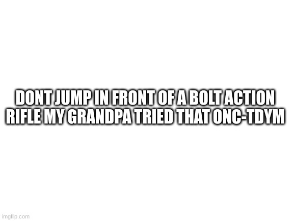 why did bro say that | DONT JUMP IN FRONT OF A BOLT ACTION RIFLE MY GRANDPA TRIED THAT ONC-TDYM | image tagged in blank white template,tdym | made w/ Imgflip meme maker