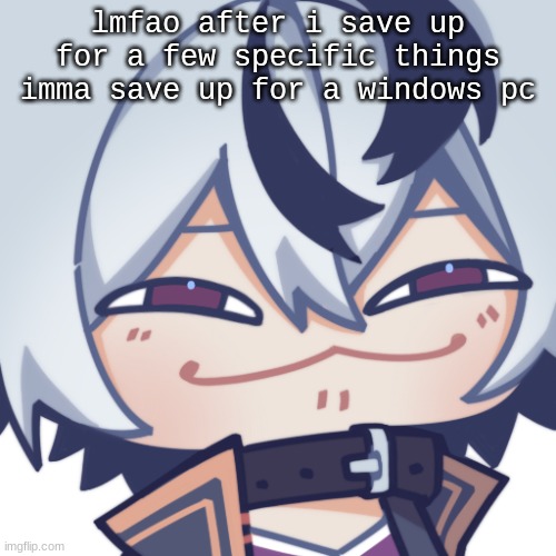 smug flower | lmfao after i save up for a few specific things imma save up for a windows pc | image tagged in smug flower | made w/ Imgflip meme maker