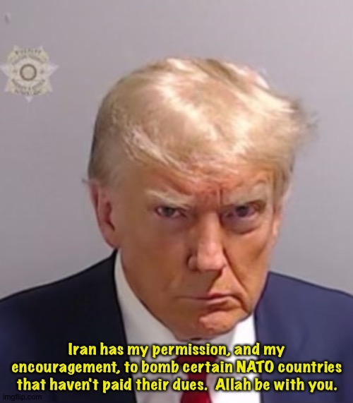 Donald Trump Mugshot | Iran has my permission, and my encouragement, to bomb certain NATO countries that haven't paid their dues.  Allah be with you. | image tagged in donald trump mugshot | made w/ Imgflip meme maker