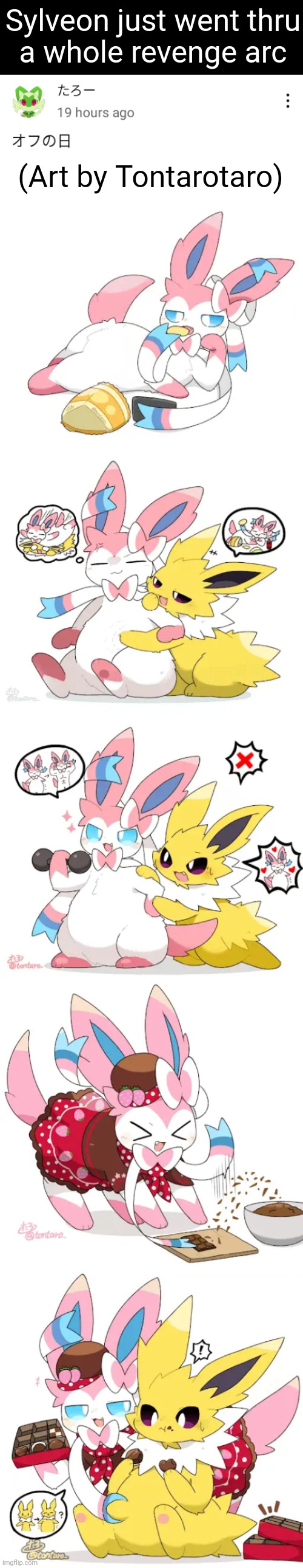 Happy Sylveon Day | Sylveon just went thru
a whole revenge arc; (Art by Tontarotaro) | image tagged in sylveon,jolteon | made w/ Imgflip meme maker
