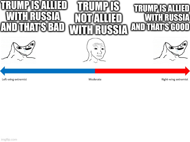 Trump is allied or not allied with Russia | TRUMP IS ALLIED    WITH RUSSIA AND THAT'S BAD; TRUMP IS NOT ALLIED WITH RUSSIA; TRUMP IS ALLIED    WITH RUSSIA AND THAT'S GOOD | image tagged in wojak partisan line | made w/ Imgflip meme maker