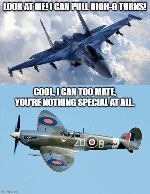 pilots in WW2 sometimes experienced up to 10 Gs while turning. | LOOK AT ME! I CAN PULL HIGH-G TURNS! COOL, I CAN TOO MATE, YOU'RE NOTHING SPECIAL AT ALL. | image tagged in fighter jet | made w/ Imgflip meme maker