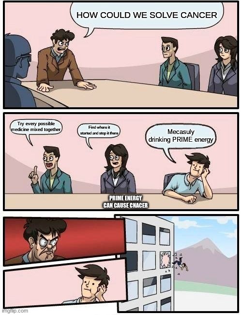 PRIME meme | HOW COULD WE SOLVE CANCER; Try every possible medicine mixed together; Find where it started and stop it there; Mecasuly drinking PRIME energy; PRIME ENERGY CAN CAUSE CNACER | image tagged in memes,boardroom meeting suggestion | made w/ Imgflip meme maker