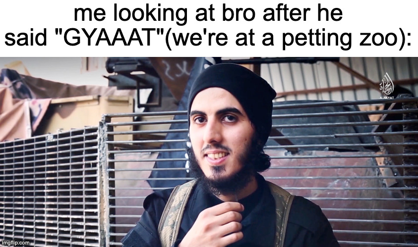 fr | me looking at bro after he said "GYAAAT"(we're at a petting zoo): | image tagged in weird stare by isis man | made w/ Imgflip meme maker