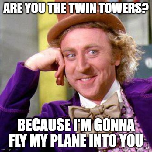 9/11 pickup line | ARE YOU THE TWIN TOWERS? BECAUSE I'M GONNA FLY MY PLANE INTO YOU | image tagged in willy wonka blank,9/11,pickup lines,dark humor | made w/ Imgflip meme maker
