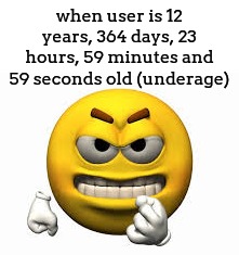 Angry emoji | when user is 12 years, 364 days, 23 hours, 59 minutes and 59 seconds old (underage) | image tagged in angry emoji | made w/ Imgflip meme maker