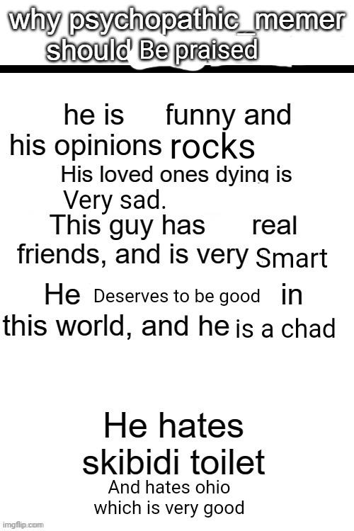 Be praised Very sad. Smart Deserves to be good is a chad And hates ohio which is very good rocks | made w/ Imgflip meme maker