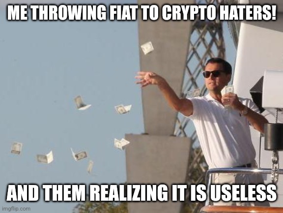 Leonardo DiCaprio throwing Money  | ME THROWING FIAT TO CRYPTO HATERS! AND THEM REALIZING IT IS USELESS | image tagged in leonardo dicaprio throwing money | made w/ Imgflip meme maker