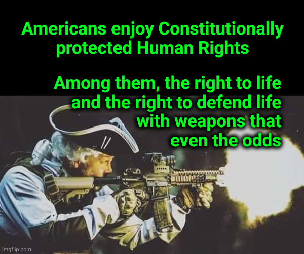 Americans enjoy Constitutionally protected Human Rights among them  ... | Americans enjoy Constitutionally
protected Human Rights; Among them, the right to life
and the right to defend life
with weapons that
even the odds | image tagged in george washington ar15 | made w/ Imgflip meme maker