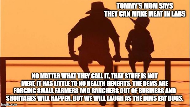 Cowboy wisdom, we will watch them eat bugs | TOMMY'S MOM SAYS THEY CAN MAKE MEAT IN LABS; NO MATTER WHAT THEY CALL IT, THAT STUFF IS NOT MEAT, IT HAS LITTLE TO NO HEALTH BENEFITS. THE DEMS ARE FORCING SMALL FARMERS AND RANCHERS OUT OF BUSINESS AND SHORTAGES WILL HAPPEN, BUT WE WILL LAUGH AS THE DIMS EAT BUGS. | image tagged in cowboy father and son,democrat war on america,cowboy wisdom,fake meat,lab grown poision,bug eaters | made w/ Imgflip meme maker