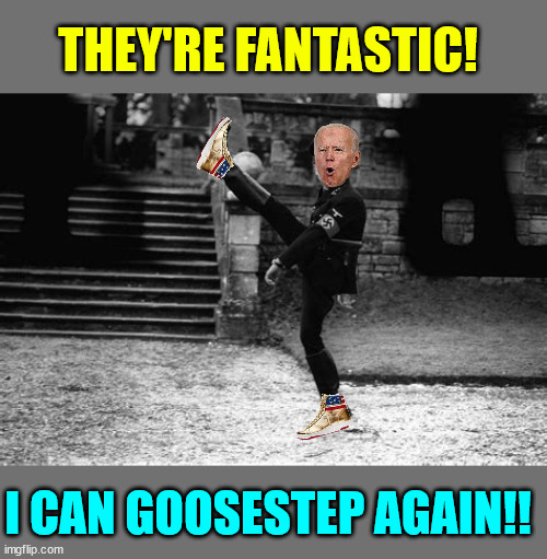 Biden loving his new sneakers... | THEY'RE FANTASTIC! I CAN GOOSESTEP AGAIN!! | image tagged in trump golden sneakers,biden finds fountain of youth,he can goosestep again | made w/ Imgflip meme maker