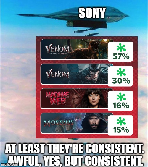 Venom 3 coming soon. | SONY; AT LEAST THEY'RE CONSISTENT. 
AWFUL, YES, BUT CONSISTENT. | image tagged in sony spiderverse | made w/ Imgflip meme maker