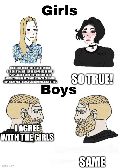 Girls vs Boys | I HONESTLY THINK THIS MEME IS WRONG AS BOYS VS GIRLS IS JUST SUPPOSED TO MAKE PEOPLE LAUGH. SURE THEY PORTRAY US IN A NEGATIVE LIGHT BUT UNL | image tagged in girls vs boys | made w/ Imgflip meme maker