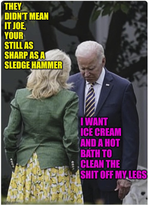Jill scolds Joe Biden and he pouts | THEY DIDN'T MEAN IT JOE, YOUR STILL AS SHARP AS A SLEDGE HAMMER I WANT ICE CREAM AND A HOT BATH TO CLEAN THE SHIT OFF MY LEGS | image tagged in jill scolds joe biden and he pouts | made w/ Imgflip meme maker