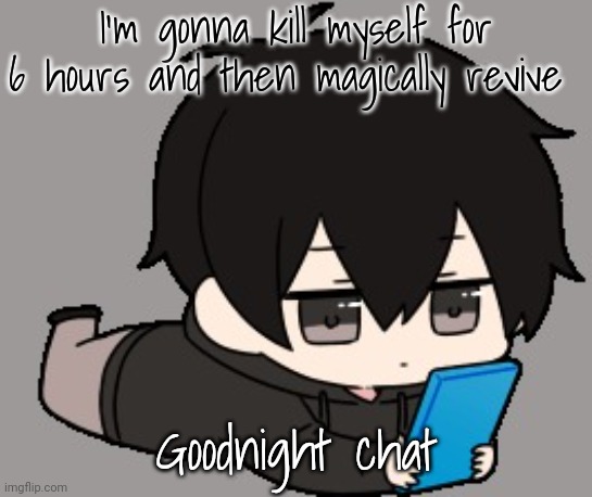 Shadow:bored | I'm gonna kill myself for 6 hours and then magically revive; Goodnight chat | image tagged in shadow bored | made w/ Imgflip meme maker