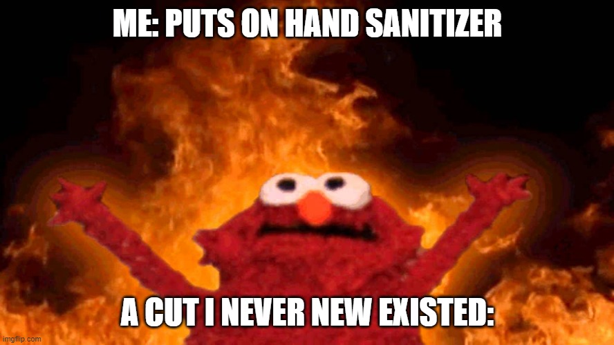 everytime! | ME: PUTS ON HAND SANITIZER; A CUT I NEVER NEW EXISTED: | image tagged in elmo fire | made w/ Imgflip meme maker