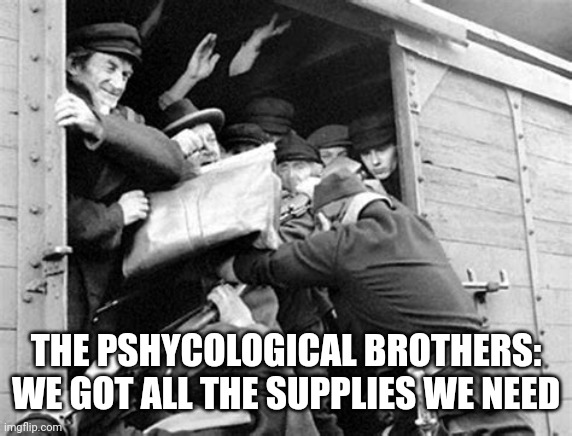 I would suggest someone look at swedes leg | THE PSHYCOLOGICAL BROTHERS: WE GOT ALL THE SUPPLIES WE NEED | image tagged in loading boxcars covid positive | made w/ Imgflip meme maker