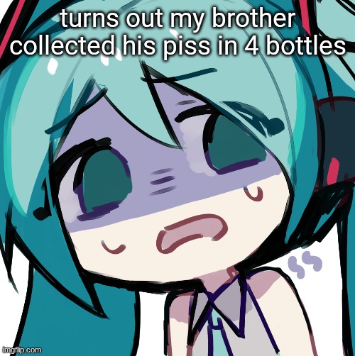 im not even joking.. | turns out my brother collected his piss in 4 bottles | image tagged in miku disgusted | made w/ Imgflip meme maker