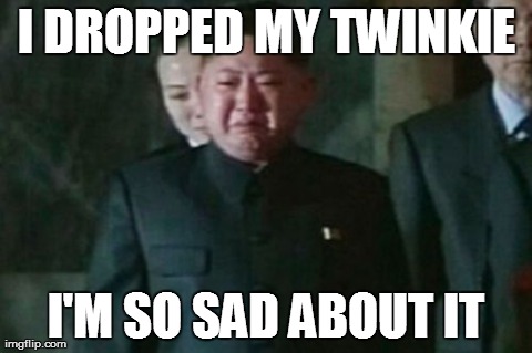 Kim Jong Un Sad | I DROPPED MY TWINKIE I'M SO SAD ABOUT IT | image tagged in memes,kim jong un sad | made w/ Imgflip meme maker