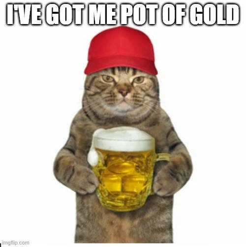 meme by Brad cat has hisfu pot of gold | I'VE GOT ME POT OF GOLD | image tagged in cats,funny,funny cat memes,humor,st patricks day,funny cat | made w/ Imgflip meme maker