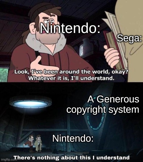 There's nothing about this I understand | Nintendo:; Sega:; A Generous copyright system; Nintendo: | image tagged in there's nothing about this i understand | made w/ Imgflip meme maker