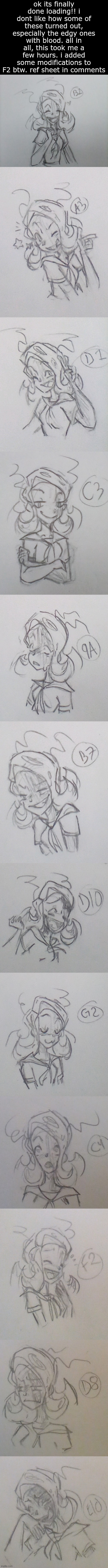 ok its finally done loading!! i dont like how some of these turned out, especially the edgy ones with blood. all in all, this took me a few hours. i added some modifications to F2 btw. ref sheet in comments | made w/ Imgflip meme maker