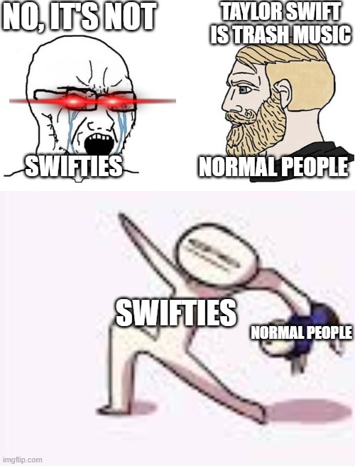 its true you know | NO, IT'S NOT; TAYLOR SWIFT IS TRASH MUSIC; SWIFTIES; NORMAL PEOPLE; SWIFTIES; NORMAL PEOPLE | image tagged in crying wojak vs chad,single yeet the child panel | made w/ Imgflip meme maker