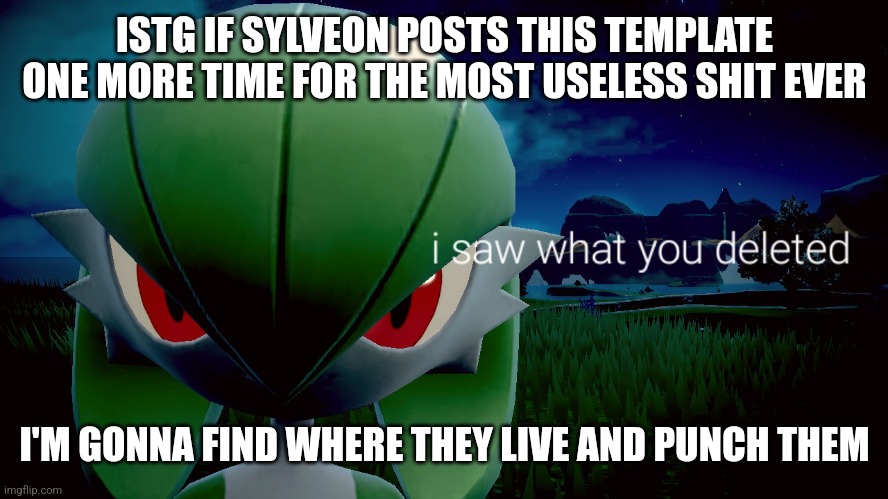 I Saw what you Deleted | ISTG IF SYLVEON POSTS THIS TEMPLATE ONE MORE TIME FOR THE MOST USELESS SHIT EVER; I'M GONNA FIND WHERE THEY LIVE AND PUNCH THEM | image tagged in i saw what you deleted | made w/ Imgflip meme maker