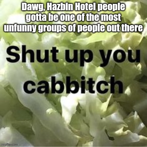 Shut up you cabbitch | Dawg, Hazbin Hotel people gotta be one of the most unfunny groups of people out there | image tagged in shut up you cabbitch | made w/ Imgflip meme maker