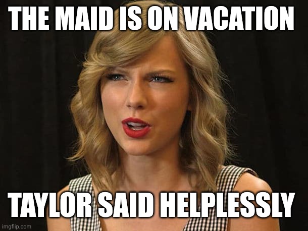 Taylor said helplessly | THE MAID IS ON VACATION; TAYLOR SAID HELPLESSLY | image tagged in taylor swiftie | made w/ Imgflip meme maker