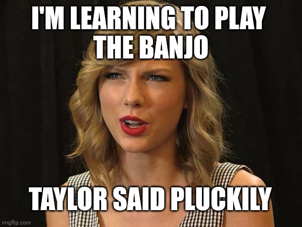 Taylor said pluckily | I'M LEARNING TO PLAY 
THE BANJO; TAYLOR SAID PLUCKILY | image tagged in taylor swiftie | made w/ Imgflip meme maker