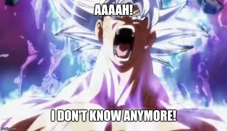 Pissed Off Goku | AAAAH! I DON'T KNOW ANYMORE! | image tagged in pissed off goku | made w/ Imgflip meme maker