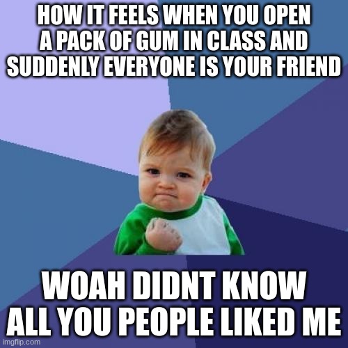 fun | HOW IT FEELS WHEN YOU OPEN A PACK OF GUM IN CLASS AND SUDDENLY EVERYONE IS YOUR FRIEND; WOAH DIDNT KNOW ALL YOU PEOPLE LIKED ME | image tagged in memes,success kid | made w/ Imgflip meme maker