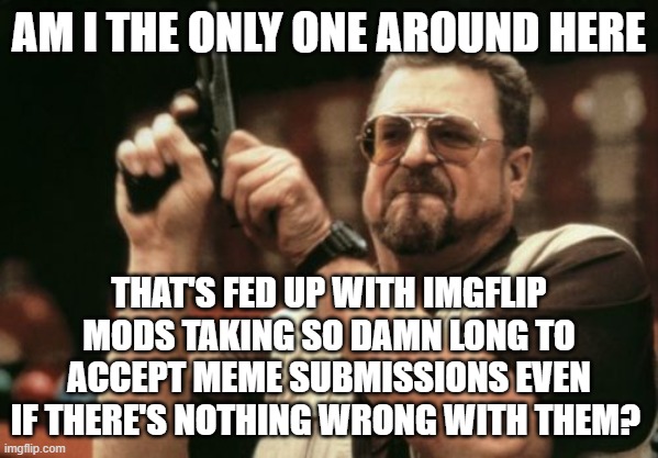 Seriously, this has been happening way too often | AM I THE ONLY ONE AROUND HERE; THAT'S FED UP WITH IMGFLIP MODS TAKING SO DAMN LONG TO ACCEPT MEME SUBMISSIONS EVEN IF THERE'S NOTHING WRONG WITH THEM? | image tagged in memes,am i the only one around here,imgflip mods | made w/ Imgflip meme maker
