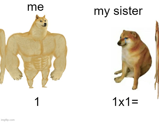 ALTF4 | me; my sister; 1; 1x1= | image tagged in memes,buff doge vs cheems,altf4 | made w/ Imgflip meme maker