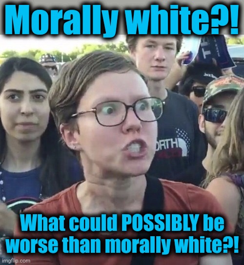 Triggered feminist | Morally white?! What could POSSIBLY be worse than morally white?! | image tagged in triggered feminist | made w/ Imgflip meme maker