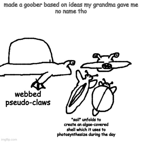 totally tubular | made a goober based on ideas my grandma gave me
no name tho; webbed pseudo-claws; "sail" unfolds to create an algae-covered shell which it uses to photosynthesize during the day | made w/ Imgflip meme maker